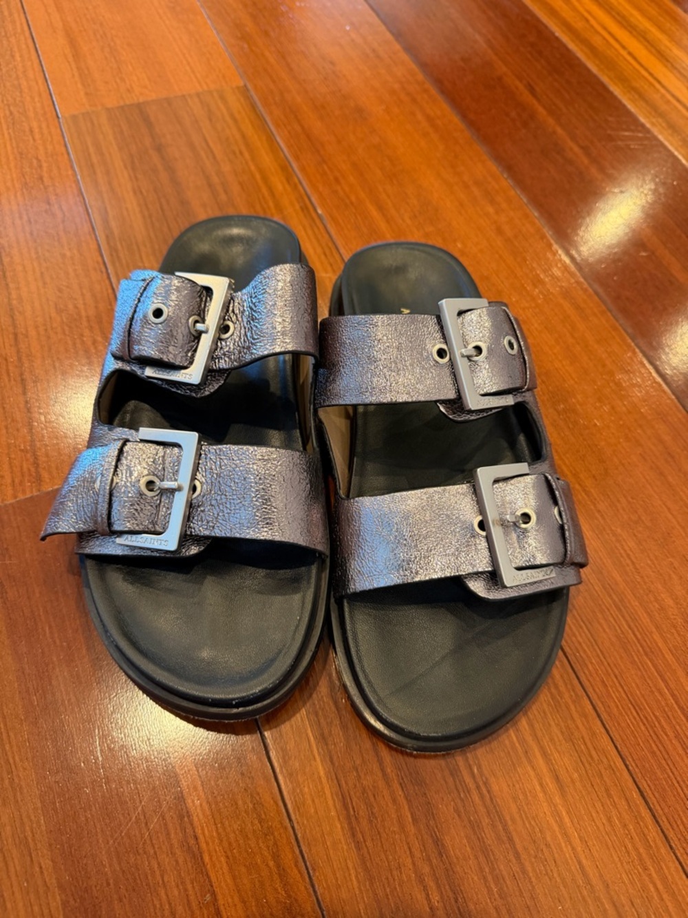 All Saints Metallic Magda Two Strap Sandals - Pewter